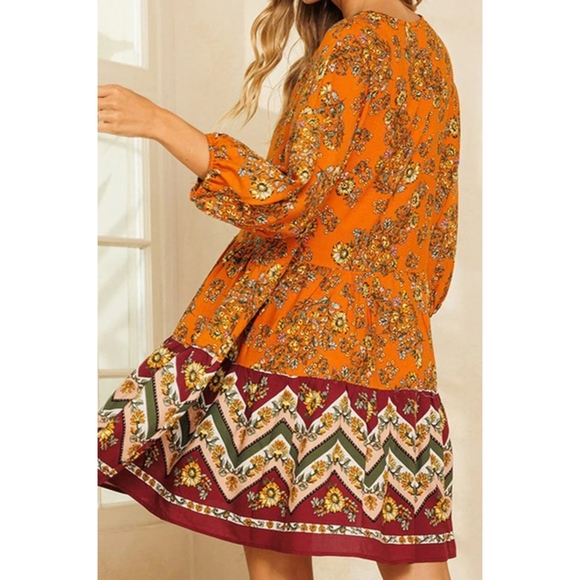 Boho orange/red multi print v-neck puffy sleeves tiered shift dress pockets - Picture 3 of 7